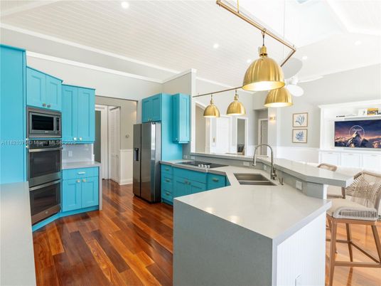 Interior, Kitchen, Pendant Lights, Recessed Lighting, Stainless Steel Appliances, Wood Texture Flooring