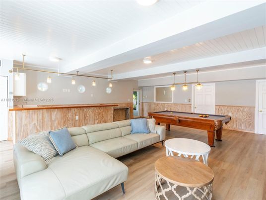 Billiard Table, Game Room, Interior, Living room, Pendant Lights, Wood Texture Flooring