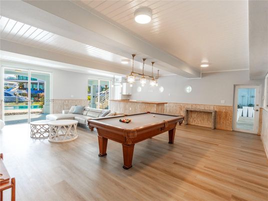 Billiard Table, Game Room, Interior, Living room, Pendant Lights, Wood Texture Flooring