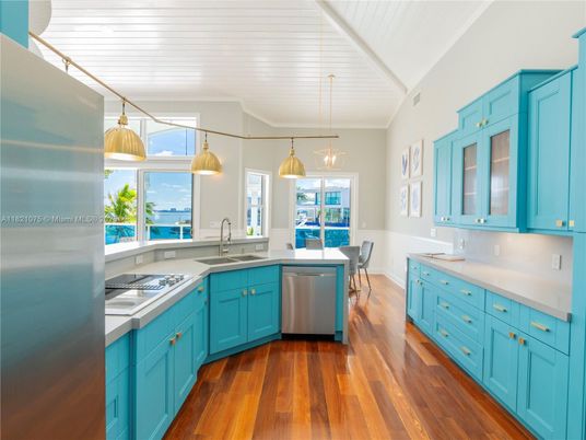 Dining room, Interior, Kitchen, Pendant Lights, Stainless Steel Appliances, Water, Wood Texture Flooring
