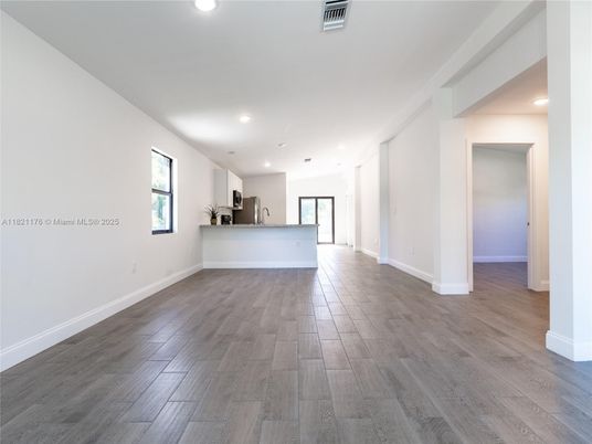 Empty room, Interior, Kitchen, Recessed Lighting, Wood Texture Flooring