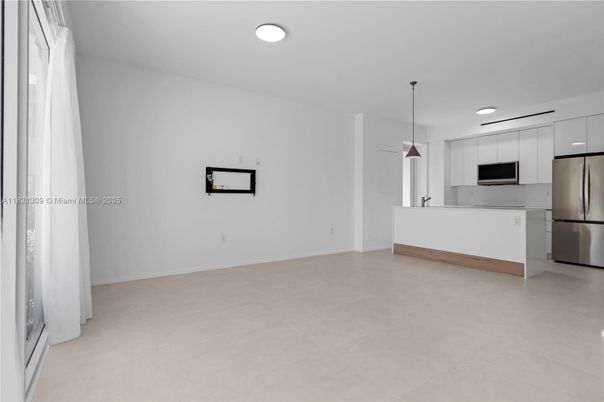 Empty room, Interior, Kitchen, Pendant Lights, Recessed Lighting, Stainless Steel Appliances
