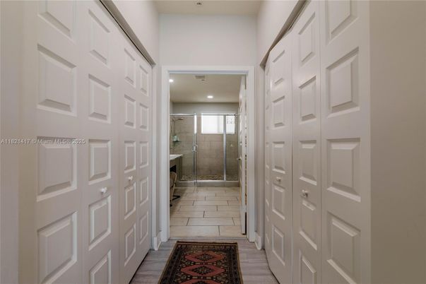 Bathroom, Glass Shower, Interior, Recessed Lighting, Wood Texture Flooring