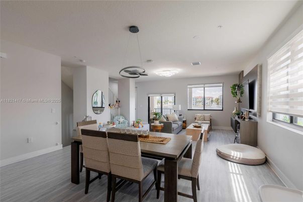 Dining room, Interior, Living room, Pendant Lights, Wood Texture Flooring
