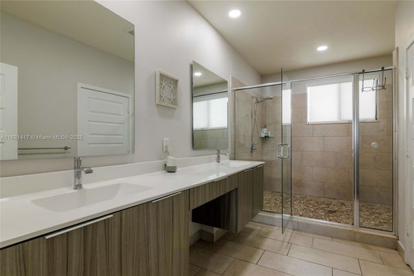 Bathroom, Dual Sink Vanities, Glass Shower, Interior, Recessed Lighting
