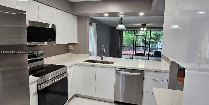 Interior, Kitchen, Marble, Pendant Lights, Recessed Lighting, Stainless Steel Appliances