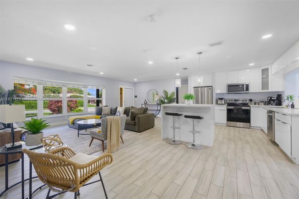 Interior, Kitchen, Living room, Pendant Lights, Recessed Lighting, Stainless Steel Appliances, Wood Texture Flooring