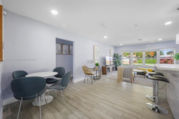 Dining room, Interior, Recessed Lighting, Wood Texture Flooring