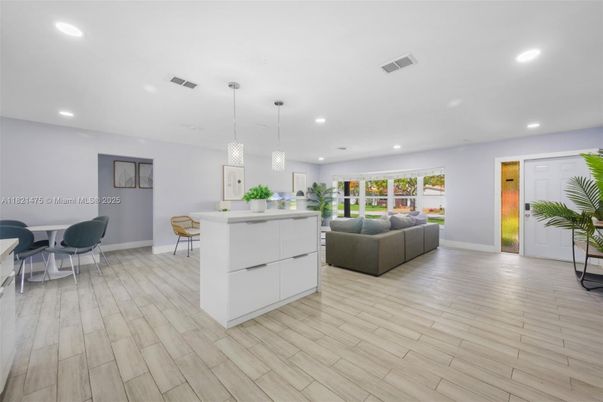 Dining room, Interior, Kitchen, Living room, Pendant Lights, Recessed Lighting, Wood Texture Flooring