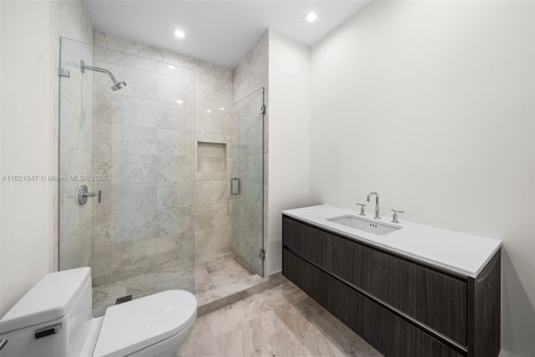 Bathroom, Glass Shower, Interior, Marble Walls, Recessed Lighting