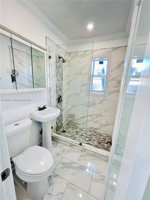 Bathroom, Glass Shower, Interior, Marble, Marble Walls, Recessed Lighting