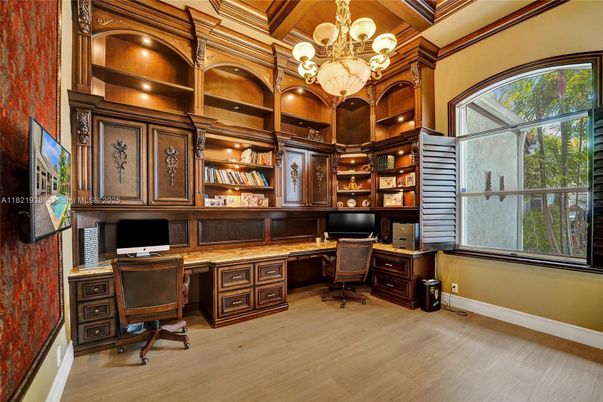 Chandelier, Home Office, Interior, Wooden Beams, Wooden Ceilings, Wood Texture Flooring