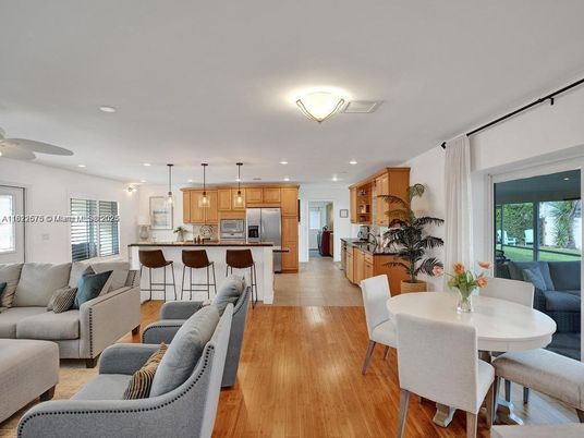 Dining room, Interior, Kitchen, Living room, Pendant Lights, Recessed Lighting, Stainless Steel Appliances, Wood Texture Flooring
