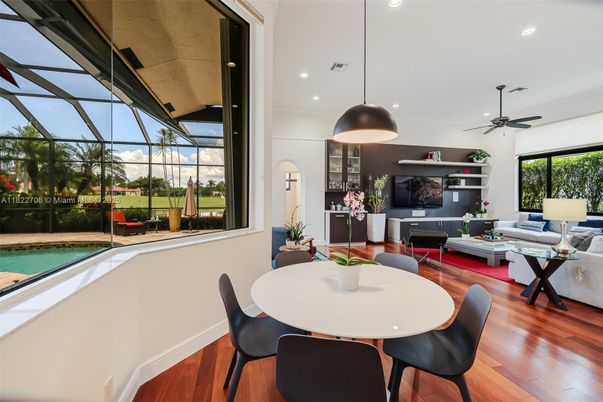 Dining room, Glass Ceilings, Interior, Living room, Pendant Lights, Recessed Lighting, Sun Room, Wood Texture Flooring