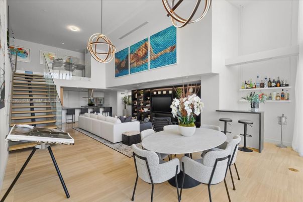 Dining room, Interior, Living room, Pendant Lights, Recessed Lighting, Wood Texture Flooring