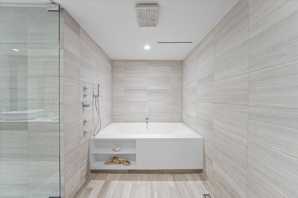 Bathroom, Glass Shower, Interior, Recessed Lighting, Wood Texture Flooring