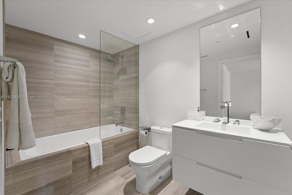Bathroom, Glass Shower, Interior, Recessed Lighting, Wood Texture Flooring