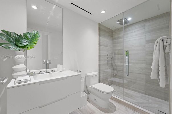 Bathroom, Glass Shower, Interior, Recessed Lighting, Wood Texture Flooring
