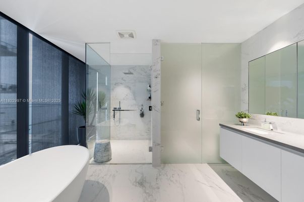 Bathroom, Free Standing Baths, Glass Shower, Interior, Marble, Marble Walls