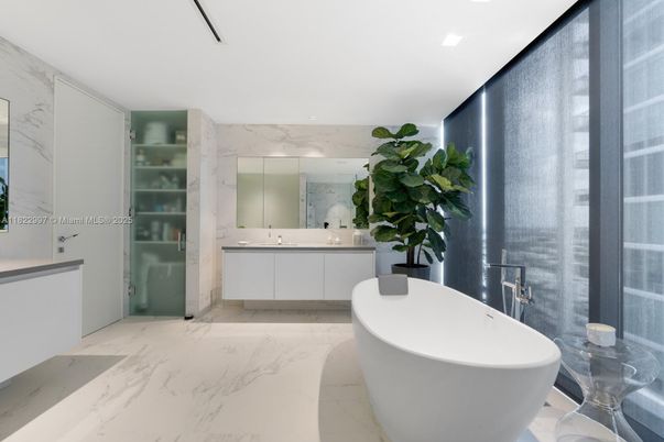 Bathroom, Dual Sink Vanities, Free Standing Baths, Interior, Marble, Marble Walls, Recessed Lighting