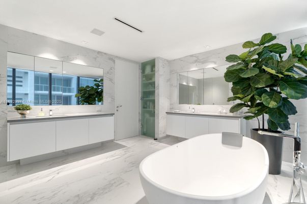 Bathroom, Dual Sink Vanities, Free Standing Baths, Interior, Marble, Marble Walls, Recessed Lighting