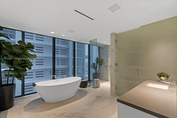 Bathroom, Free Standing Baths, Glass Shower, Interior, Marble, Recessed Lighting