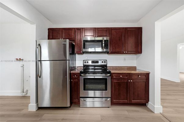 Interior, Kitchen, Stainless Steel Appliances, Wood Texture Flooring