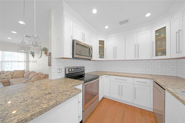 Interior, Kitchen, Pendant Lights, Recessed Lighting, Stainless Steel Appliances, Wood Texture Flooring