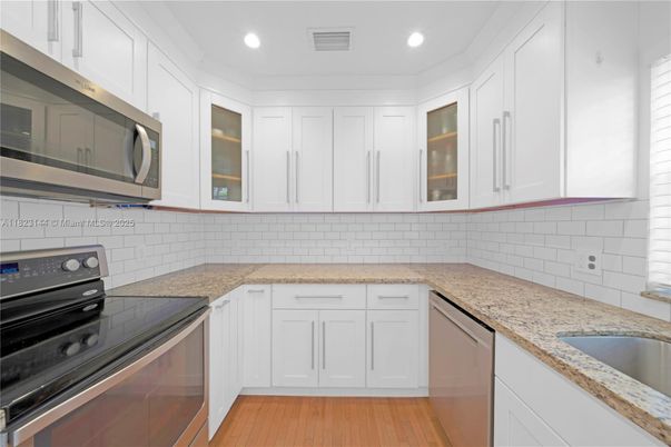 Interior, Kitchen, Recessed Lighting, Stainless Steel Appliances, Wood Texture Flooring