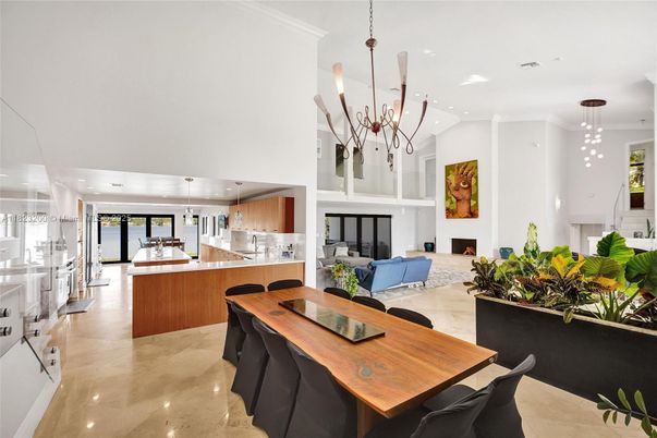 Chandelier, Dining room, Fireplace, Interior, Kitchen, Living room, Pendant Lights, Recessed Lighting