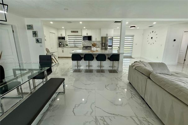 Interior, Kitchen, Living room, Marble, Recessed Lighting, Stainless Steel Appliances