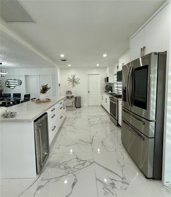 Interior, Kitchen, Marble, Recessed Lighting, Stainless Steel Appliances