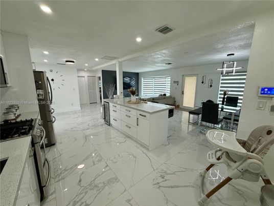 Dining room, Interior, Kitchen, Living room, Marble, Pendant Lights, Recessed Lighting