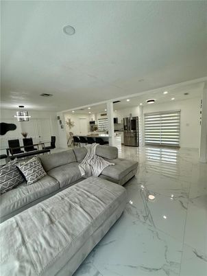 Dining room, Interior, Kitchen, Living room, Marble, Pendant Lights, Recessed Lighting, Stainless Steel Appliances