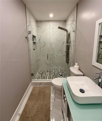 Bathroom, Glass Shower, Interior, Marble Walls, Recessed Lighting