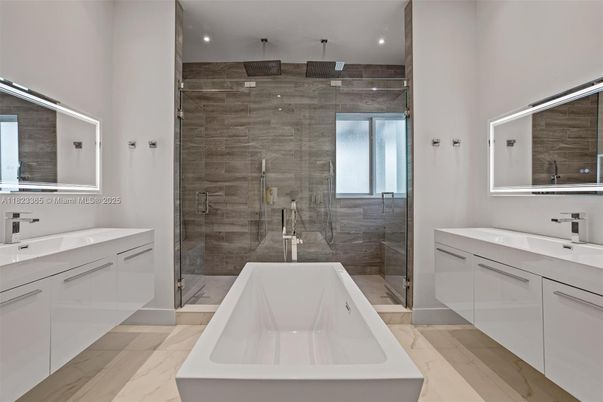 Bathroom, Dual Sink Vanities, Glass Shower, Interior, Marble, Recessed Lighting