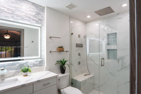 Bathroom, Glass Shower, Interior, Marble Walls, Recessed Lighting