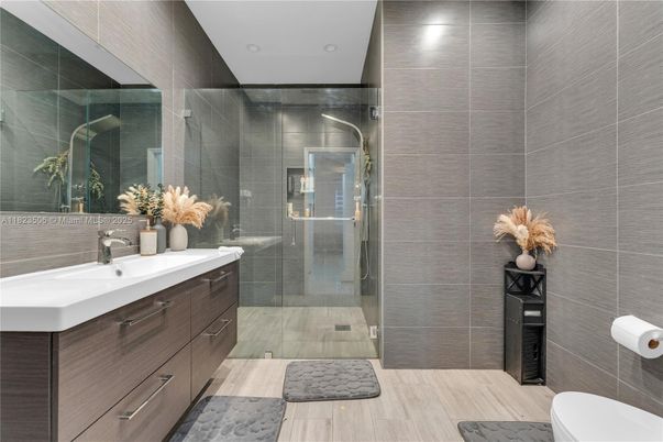 Bathroom, Glass Shower, Interior, Recessed Lighting, Wood Texture Flooring