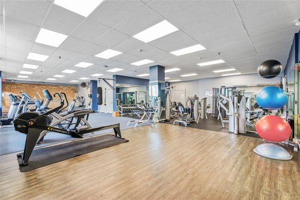 Fitness Equipment, Gym, Interior, Recessed Lighting, Wood Texture Flooring