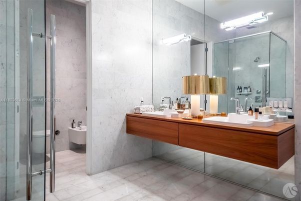 Bathroom, Dual Sink Vanities, Glass Shower, Interior, Marble, Marble Walls