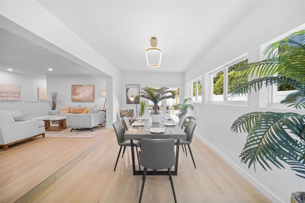 Dining room, Interior, Living room, Recessed Lighting, Wood Texture Flooring