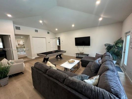 Billiard Table, Game Room, Interior, Living room, Recessed Lighting, Wood Texture Flooring