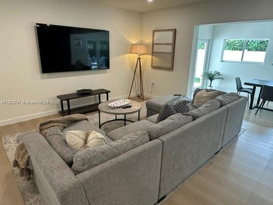 Dining room, Interior, Living room, Recessed Lighting, Wood Texture Flooring