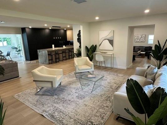 Interior, Kitchen, Living room, Recessed Lighting, Wood Texture Flooring