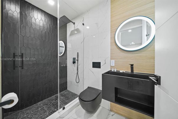 Bathroom, Glass Shower, Interior, Marble Walls, Recessed Lighting