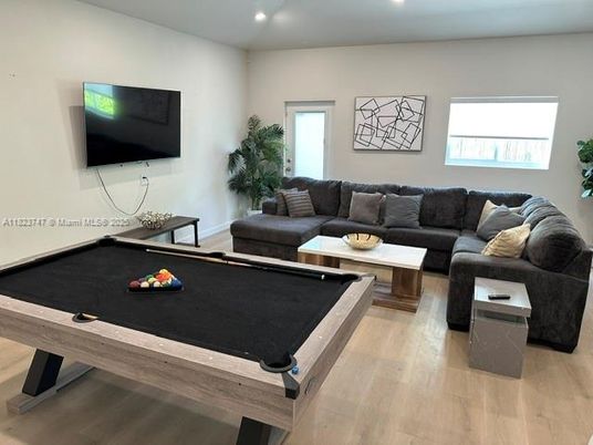 Billiard Table, Game Room, Interior, Living room, Recessed Lighting, Wood Texture Flooring