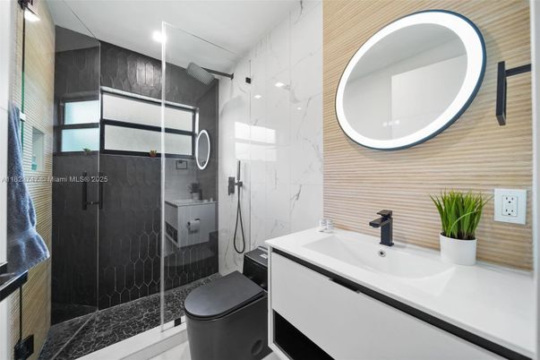 Bathroom, Glass Shower, Interior, Marble Walls, Recessed Lighting