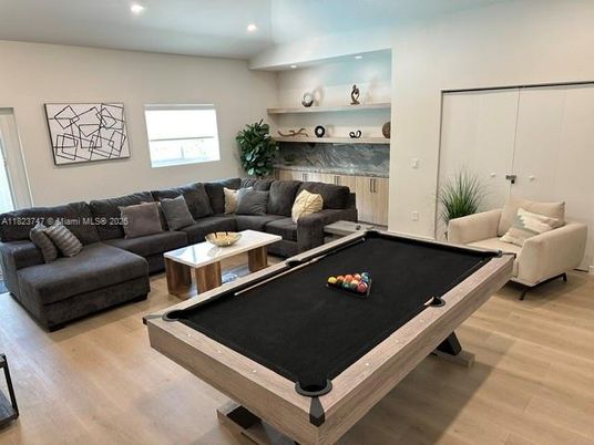 Billiard Table, Game Room, Interior, Living room, Recessed Lighting, Wood Texture Flooring