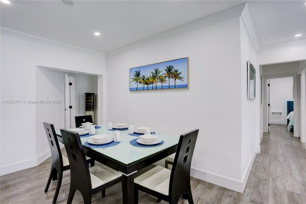 Dining room, Interior, Recessed Lighting, Wood Texture Flooring