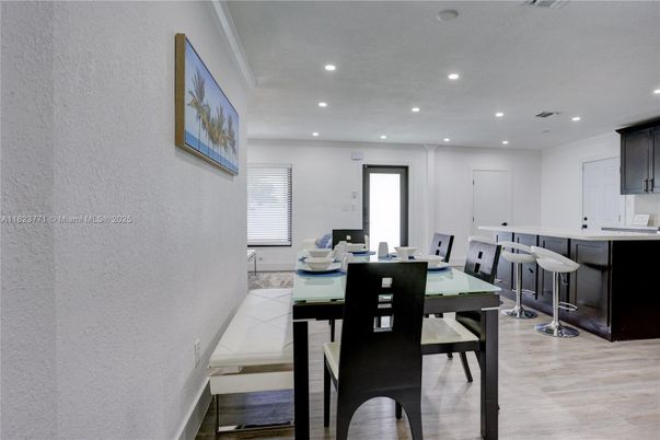 Dining room, Interior, Kitchen, Living room, Recessed Lighting, Wood Texture Flooring